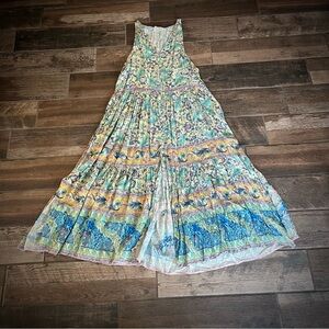 Lin Jia & Shop yellow and blue floral maxi dress tiny MOP buttons S